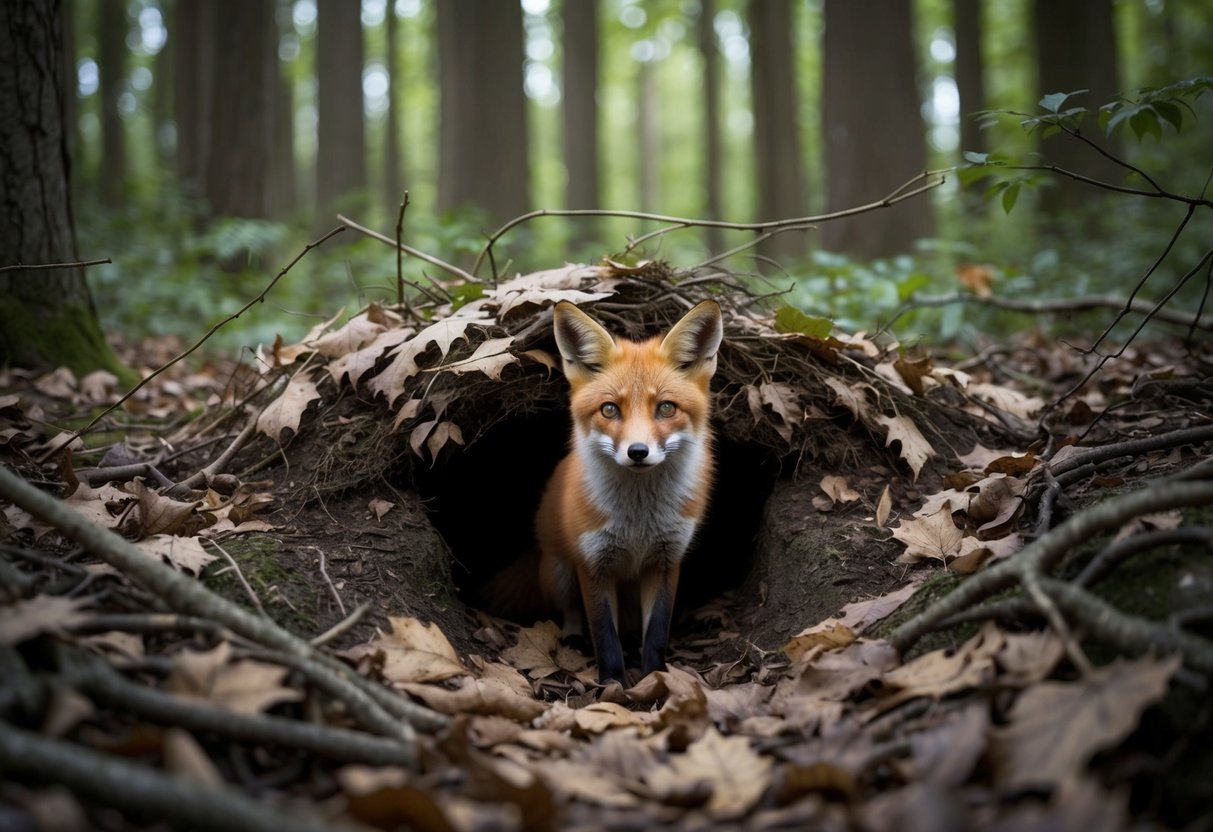 A dense forest with a burrow hidden beneath fallen leaves and branches, a curious fox peeking out cautiously, surrounded by the mystery of its sudden disappearance