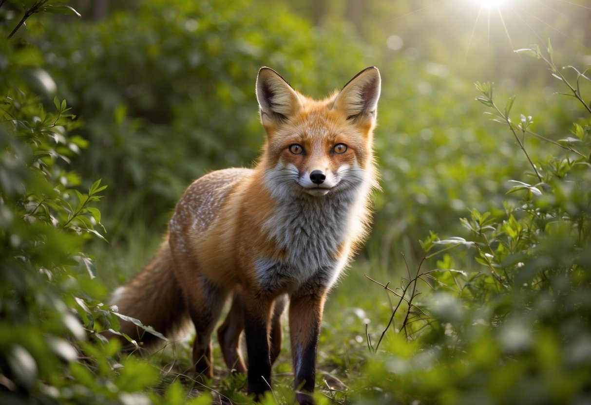 A red fox emerges from the dense underbrush, its bright coat standing out against the green foliage. The sun shines overhead as the fox looks around, alert and curious