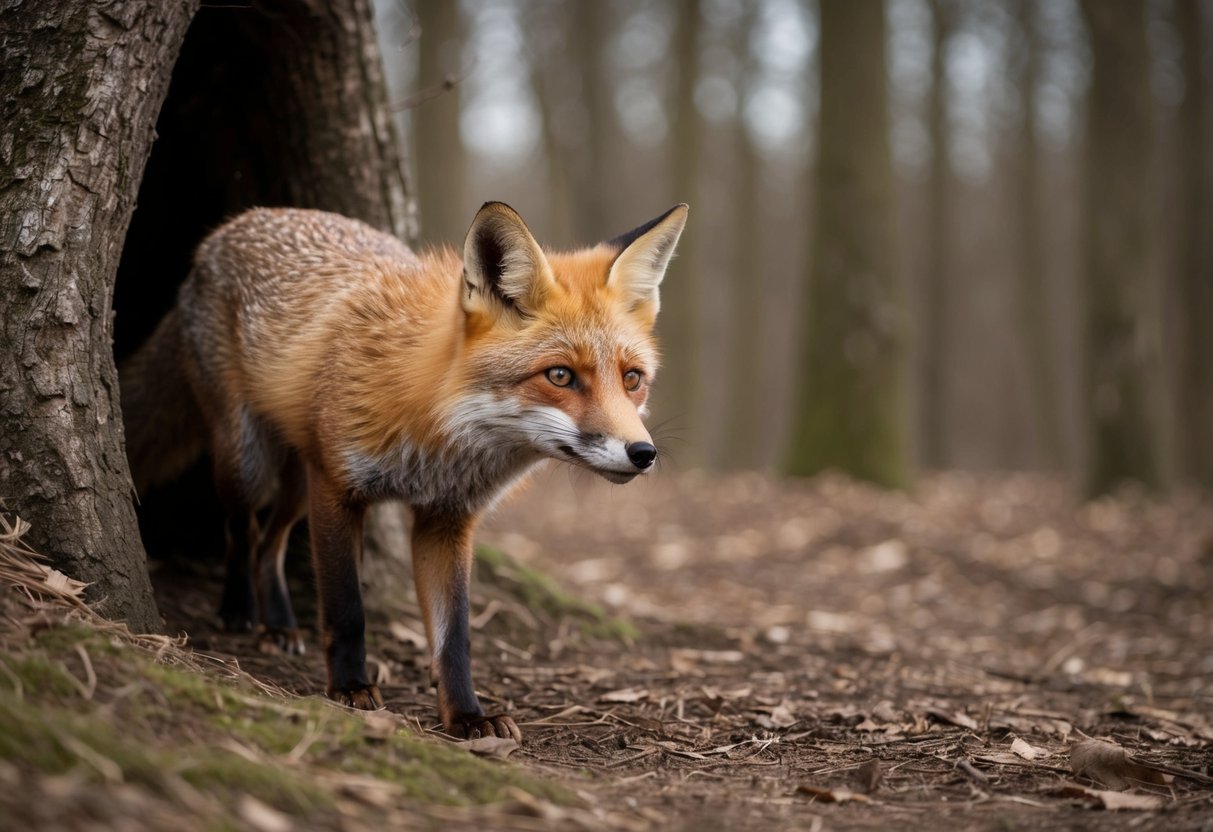 A red fox emerges from its den, sniffing the air and scanning the surroundings before trotting off into the woods