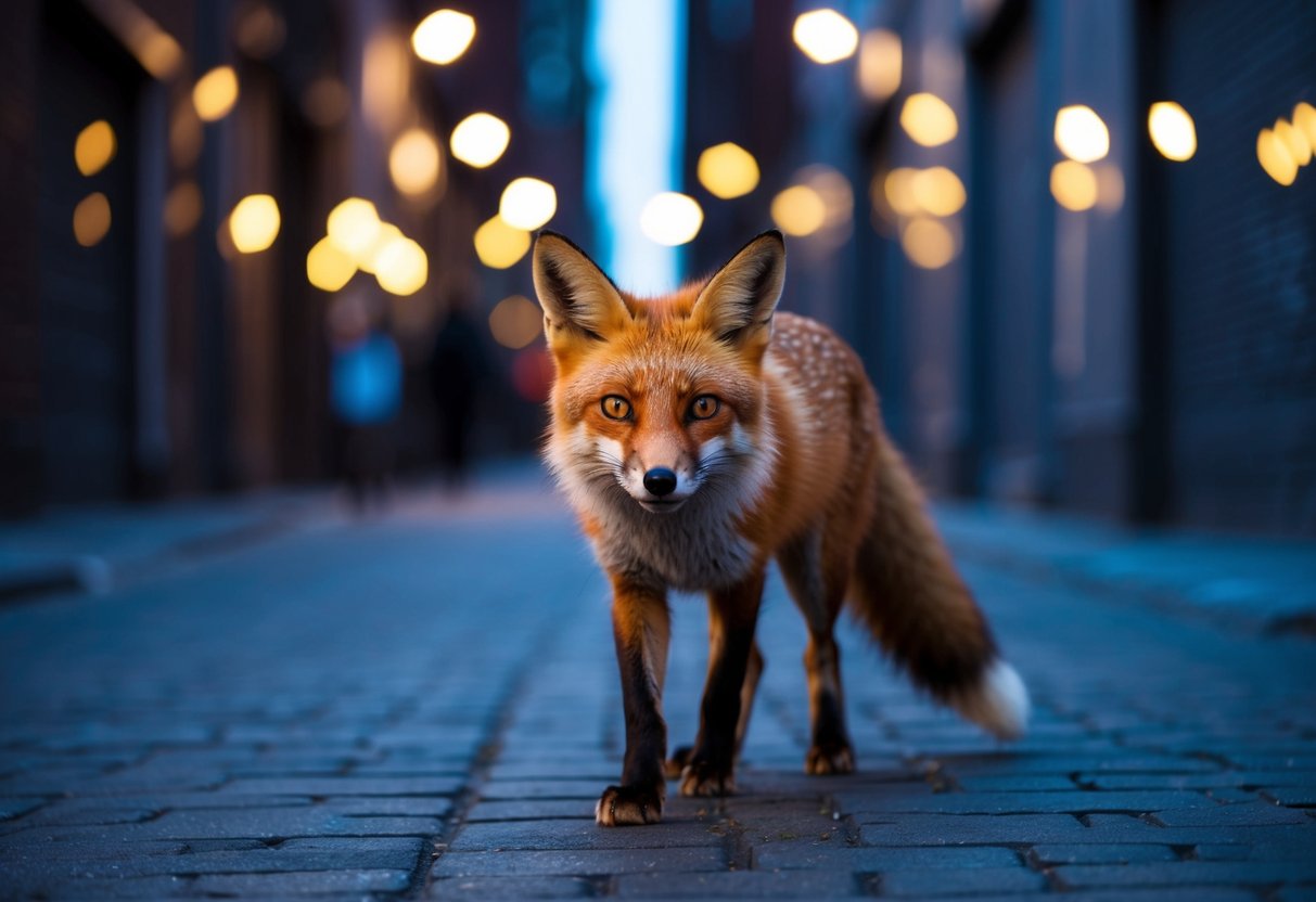 A fox cautiously explores a city alley at dusk, its bright eyes reflecting the glow of streetlights