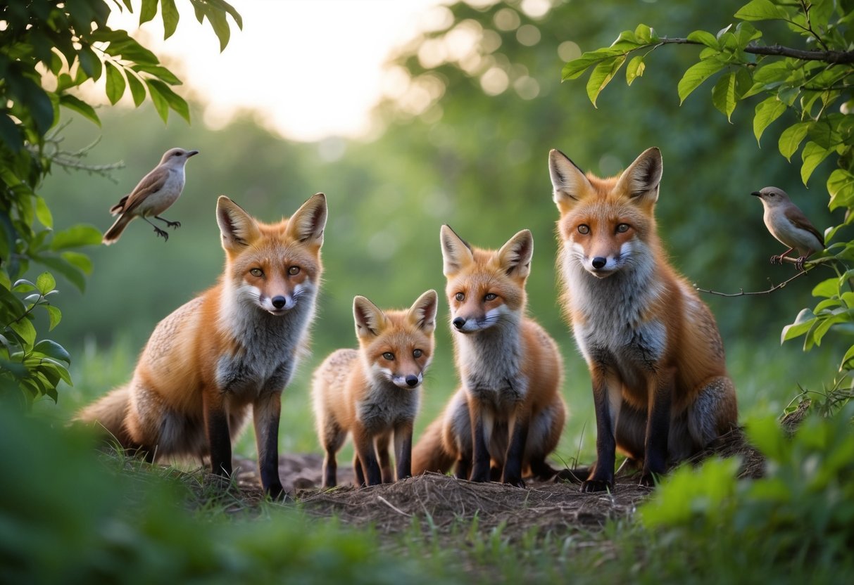 A fox family emerges from their den in the early morning light, surrounded by lush green foliage and chirping birds