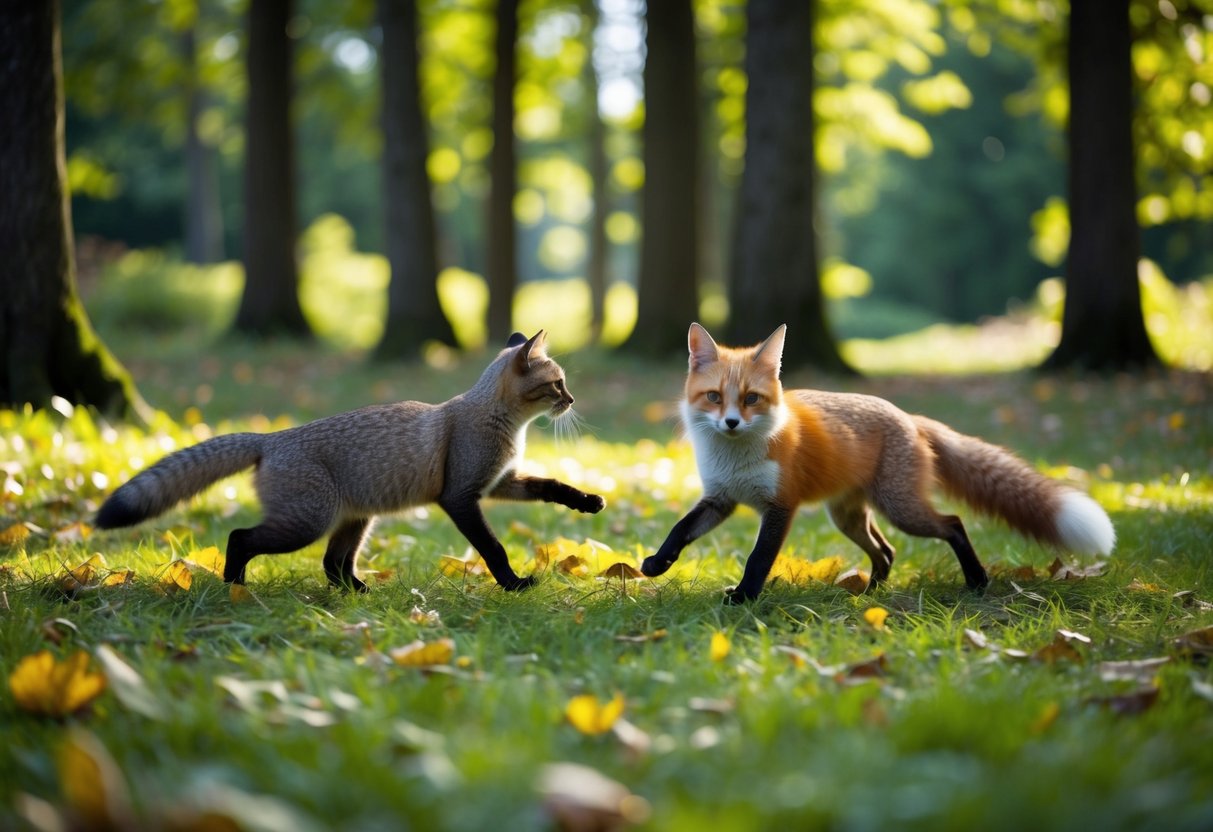 A lush forest clearing with a playful cat and fox chasing each other among the fallen leaves and dappled sunlight