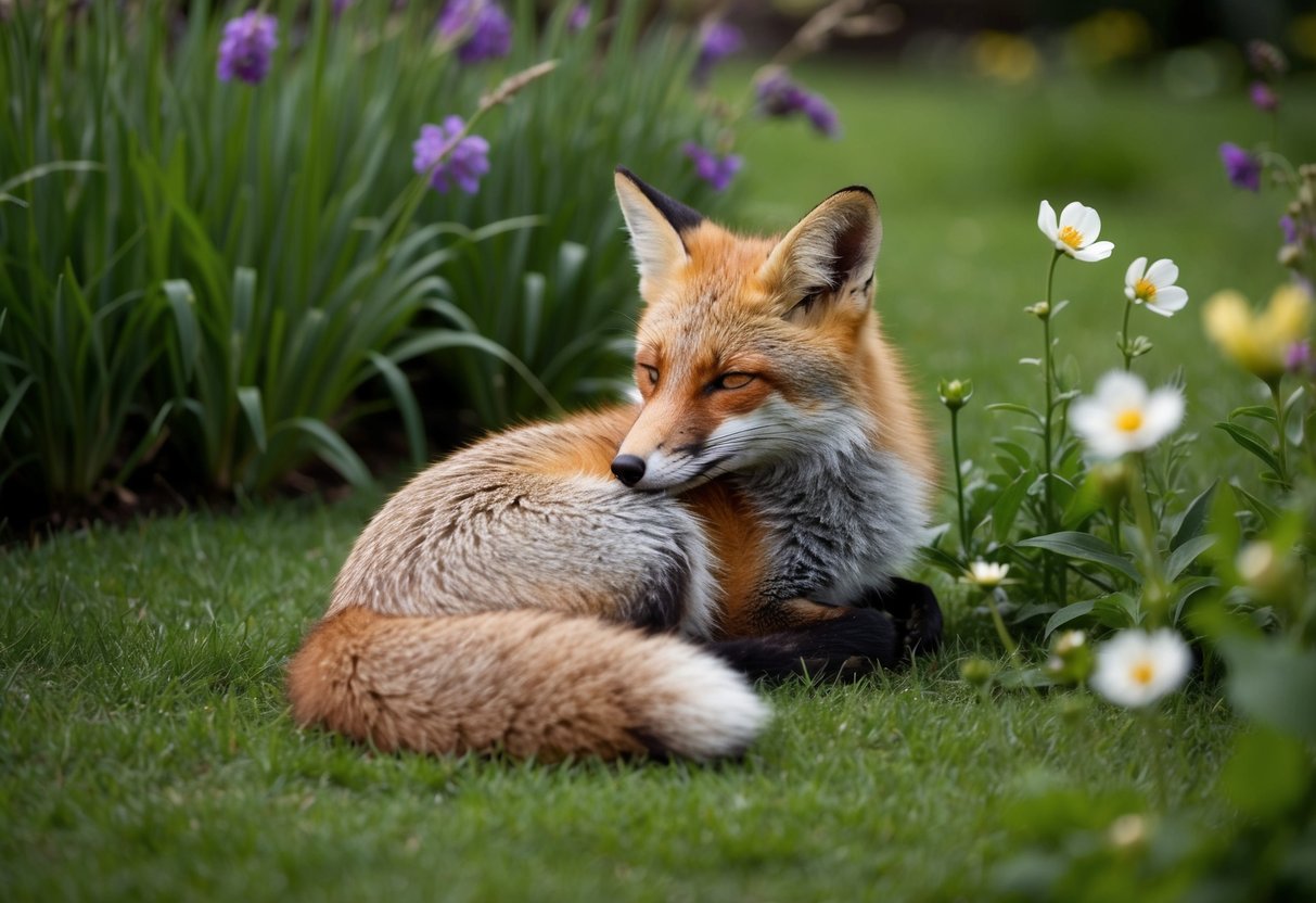 A fox curled up peacefully in a lush garden, surrounded by blooming flowers and tall grass