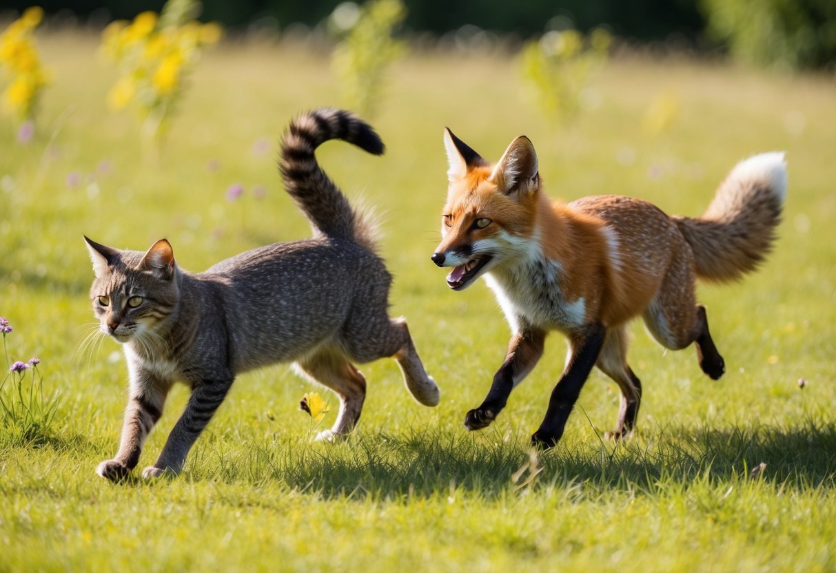 A playful cat and a curious fox chase each other through a sunlit meadow, their tails intertwined in a game of tag