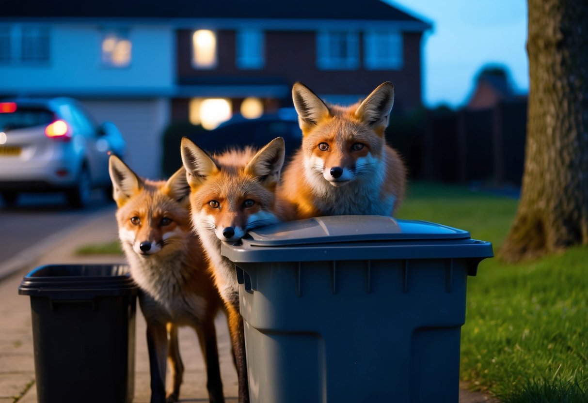 Foxes rummaging through a trash bin in a suburban UK neighborhood at night