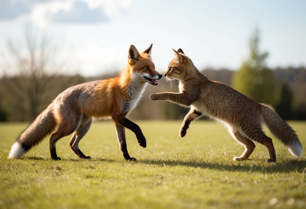 A fox and a cat sharing a sunny clearing, playfully chasing each other's tails
