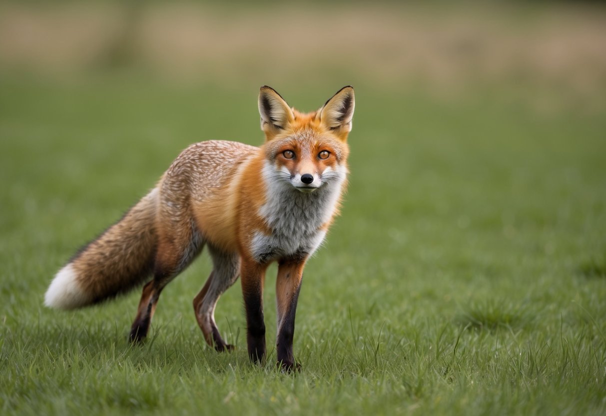 A red fox stands in a green field, with its ears perked up and its bushy tail swaying as it looks around for prey