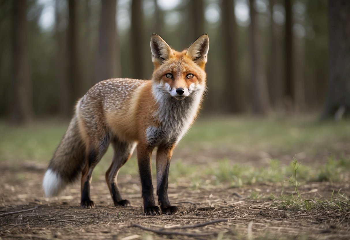 A fox with a cat's ears and a dog's tail, standing in a forest clearing
