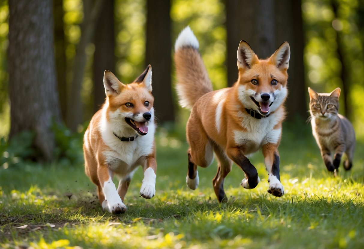 A fox and a dog playfully chase each other through a sun-dappled forest, while a curious hybrid creature with the body of a cat and the face of a fox watches from a distance