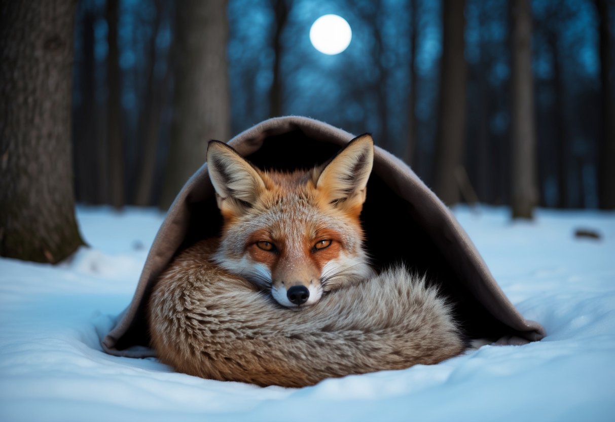 A fox curls up in a cozy den, surrounded by moonlit woods