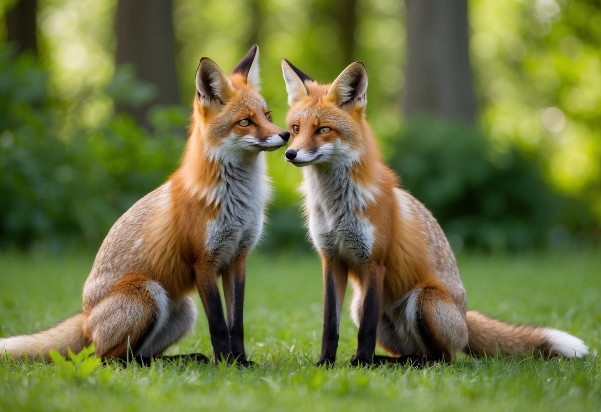 Two foxes grooming each other in a lush, green forest clearing