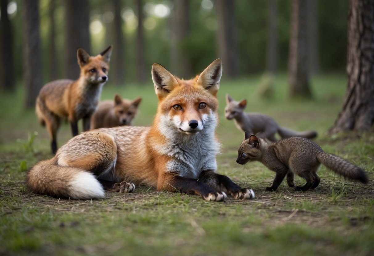 A fox with the body of a dog and the tail of a cat lounges in a forest clearing, surrounded by curious woodland creatures