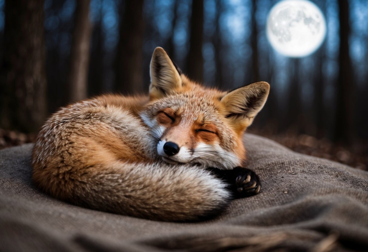 A fox curls up in a cozy den, eyes closed, surrounded by moonlit forest