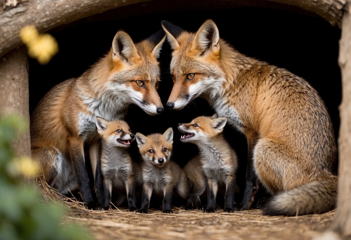 A pair of foxes nuzzle each other in a cozy den, surrounded by their playful young kits
