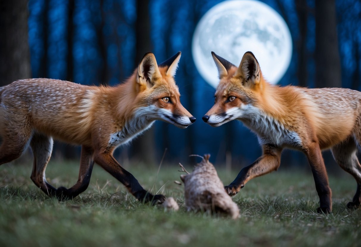 A pair of foxes hunt together, stalking their prey in the moonlit forest. Their eyes lock as they move in perfect sync, a silent understanding between them