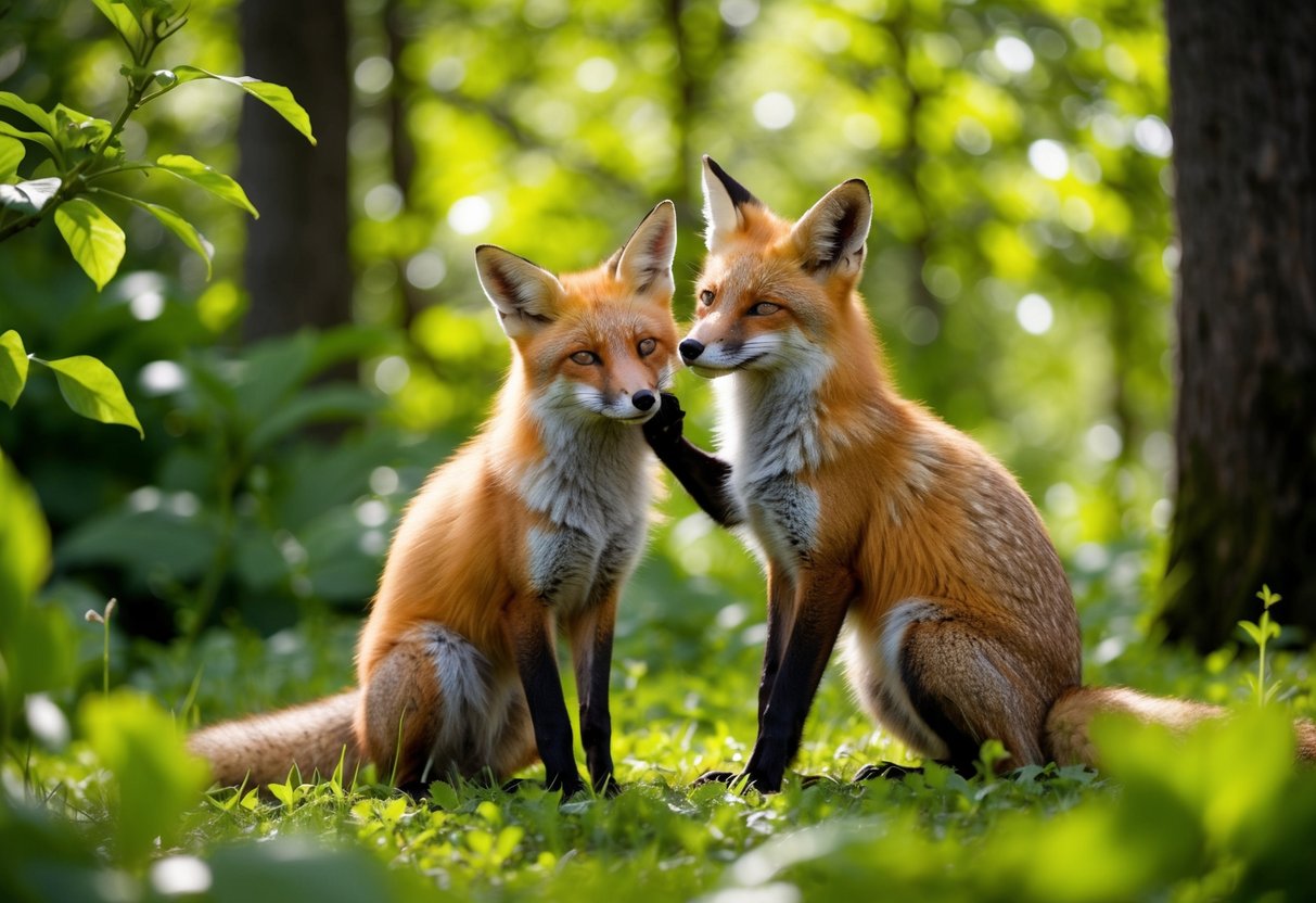 Two foxes grooming each other in a lush forest clearing, surrounded by vibrant green foliage and dappled sunlight filtering through the trees