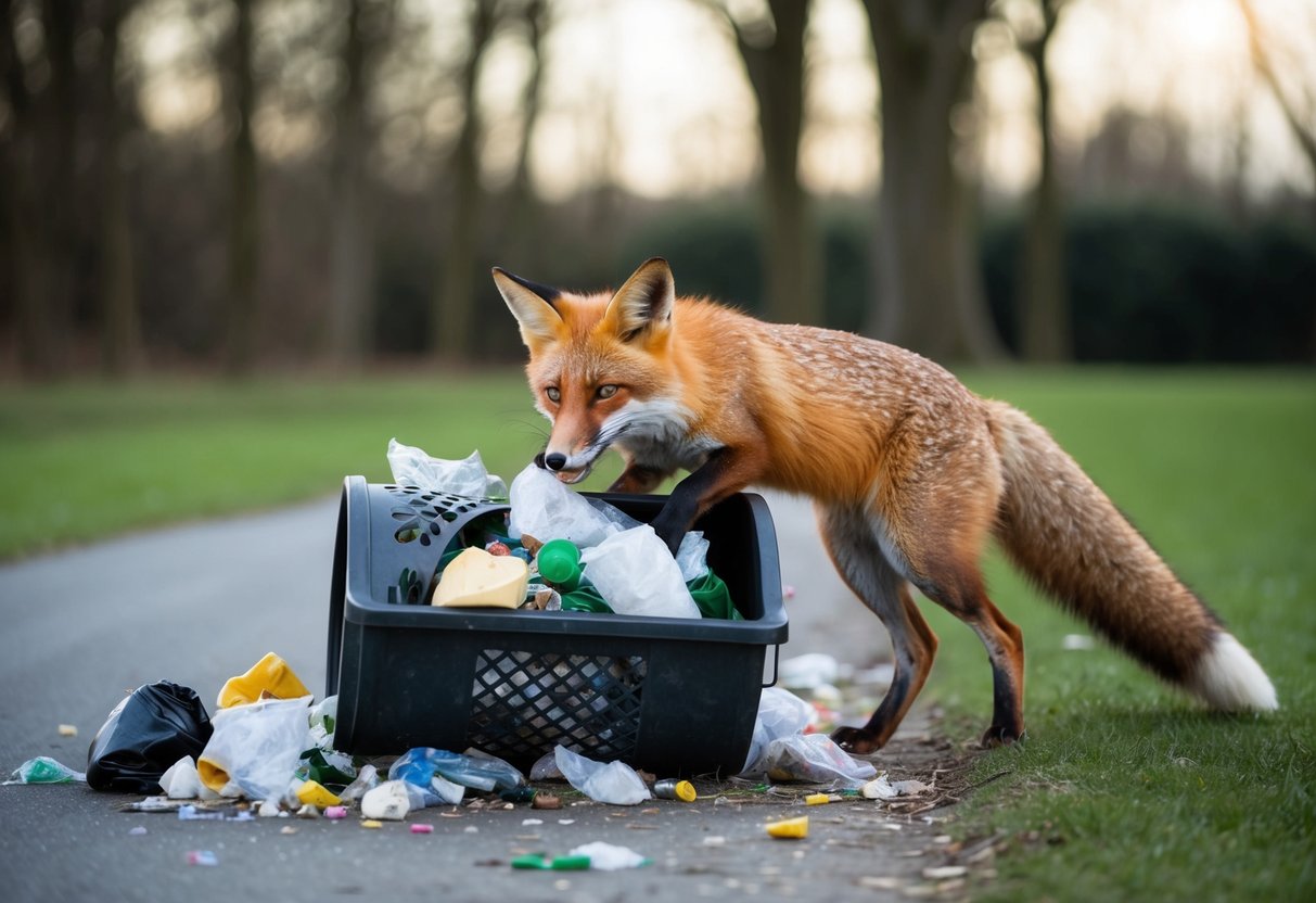 A mischievous fox rummages through a trash bin, scattering garbage in search of scraps