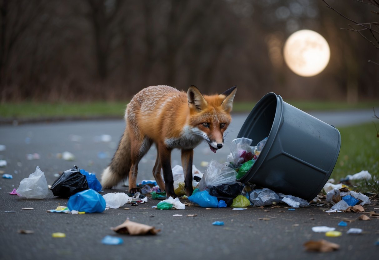 A fox rummages through a tipped-over bin, scattered trash around. Bright moonlight illuminates the scene, casting shadows on the curious creature