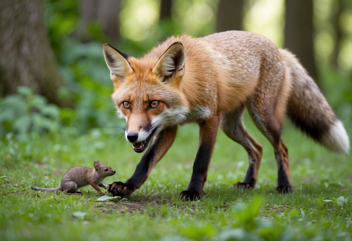 A fox prowls through a lush woodland, its sharp eyes scanning for prey. It pounces on a small rodent and carries it off triumphantly