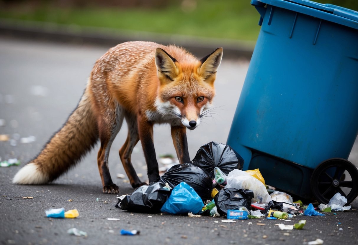 A fox with a mischievous look rummages through a trash bin, scattering garbage on the ground