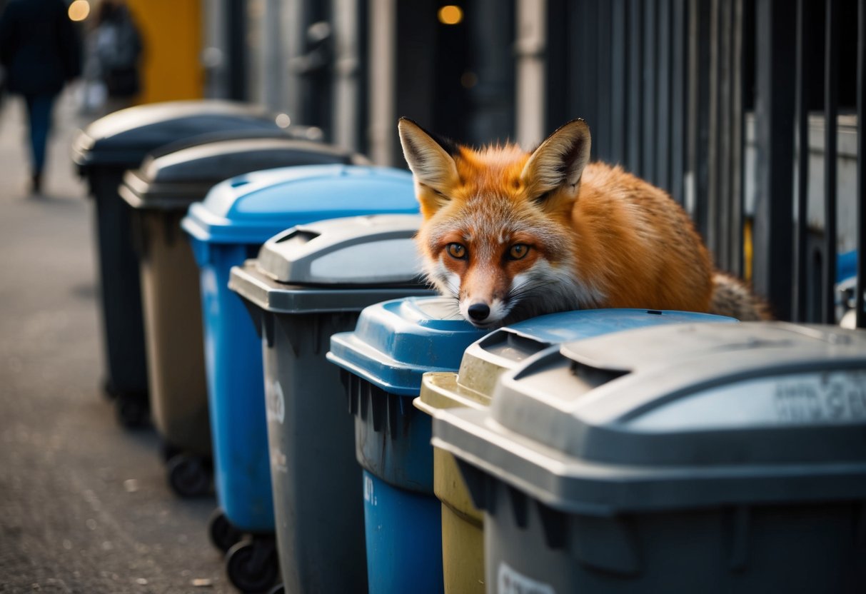 An urban fox rummages through a row of overflowing bins, its bright eyes glinting in the dim light as it searches for food
