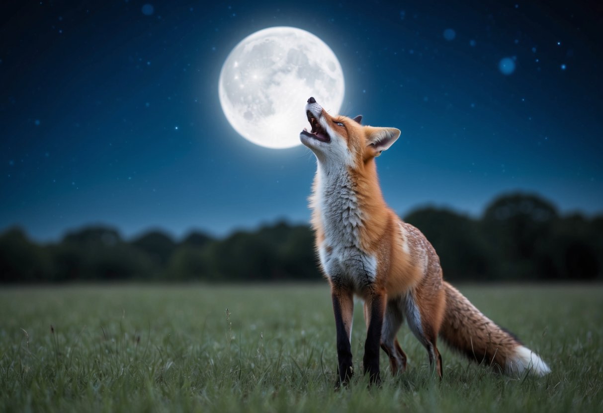 A fox standing in a moonlit field, its head tilted back as it emits a haunting scream into the night sky