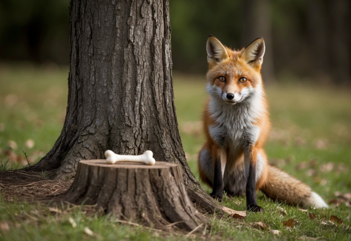 A fox leaves a shiny trinket and a small bone near a tree stump