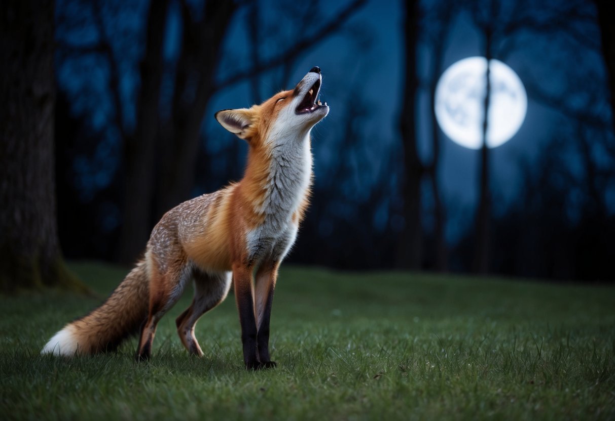 A fox stands in a moonlit forest, its head thrown back as it emits a piercing scream into the night