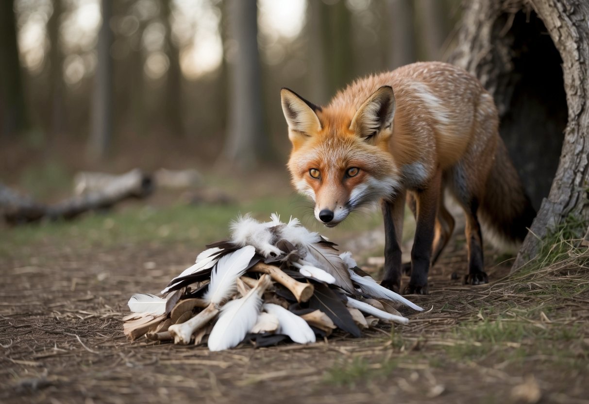 A fox leaves a small, neatly arranged pile of feathers, bones, and other animal remains at the entrance to its den