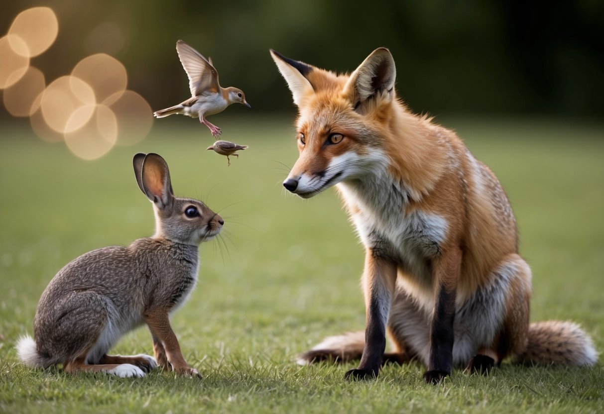A fox drops a small bird at the feet of a surprised rabbit