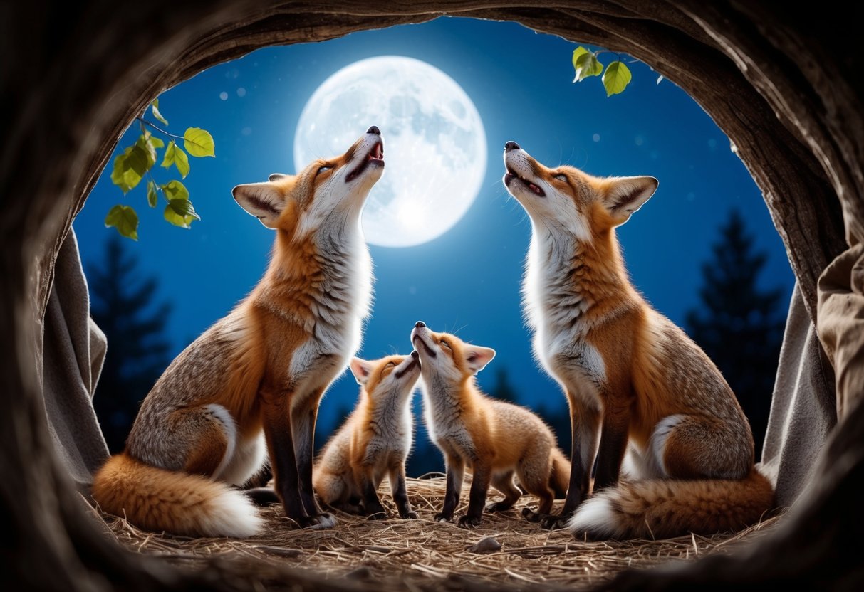 A pair of foxes howl under the moonlit sky, surrounded by their playful offspring in a cozy den