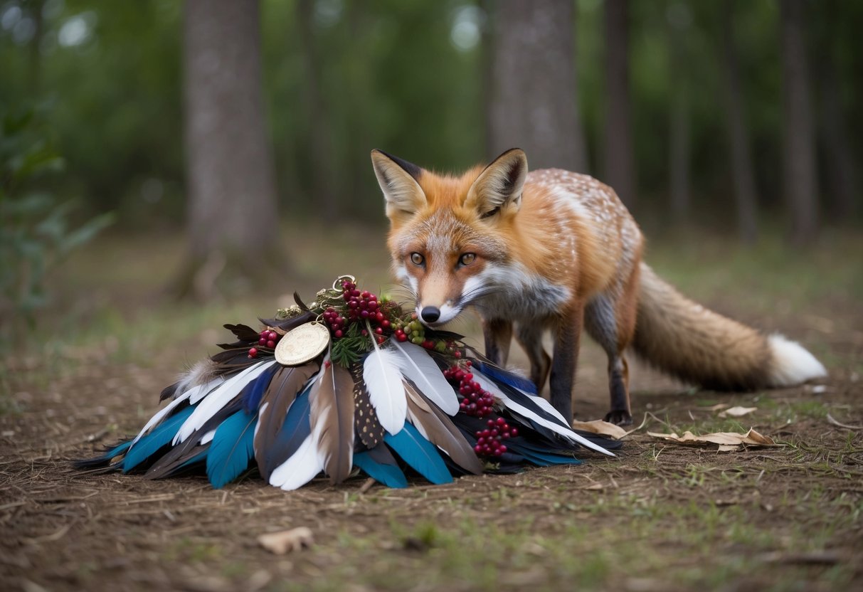 A fox leaves a neatly arranged pile of feathers, berries, and a shiny trinket at the edge of a forest clearing