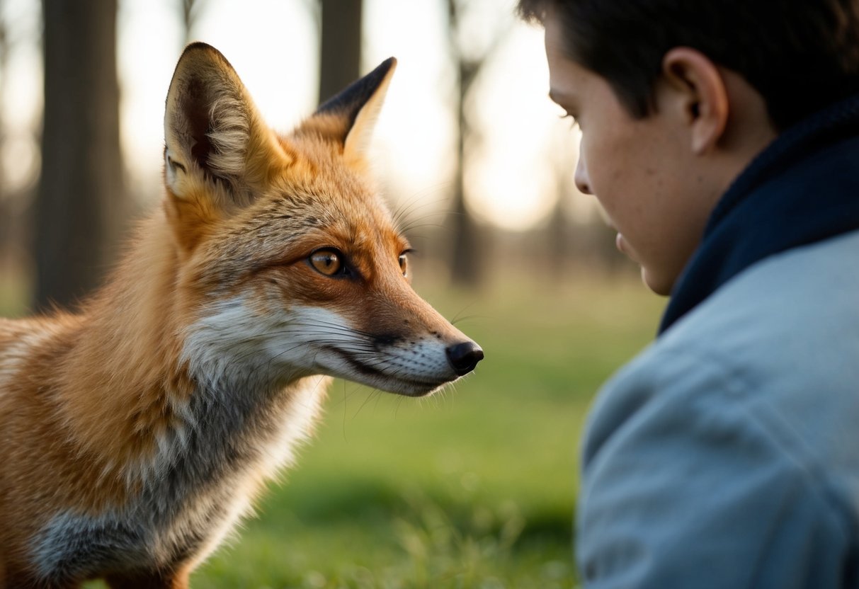 A fox cautiously approaches a person, sniffing the air and making eye contact