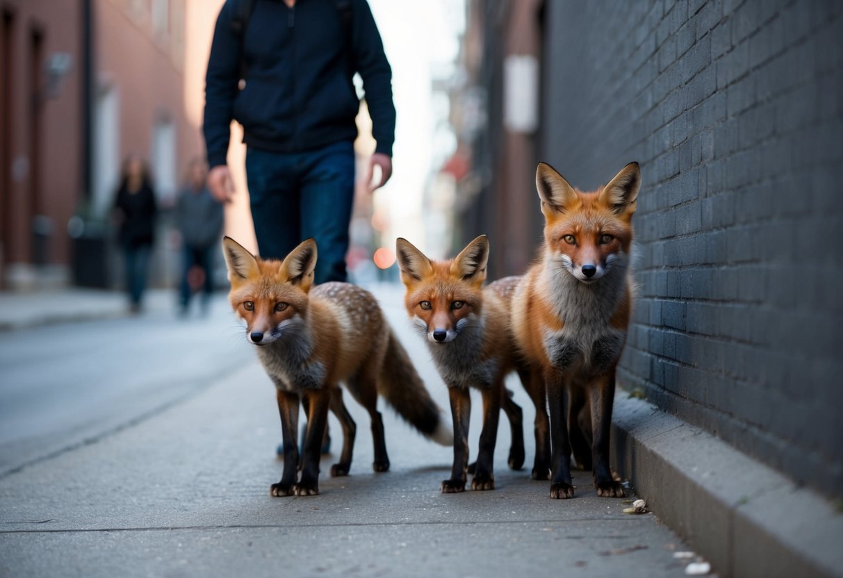 A family of urban foxes cautiously observe a passerby from the shadows of a city alleyway, their keen eyes and sleek bodies showcasing their adaptations for survival in the urban environment