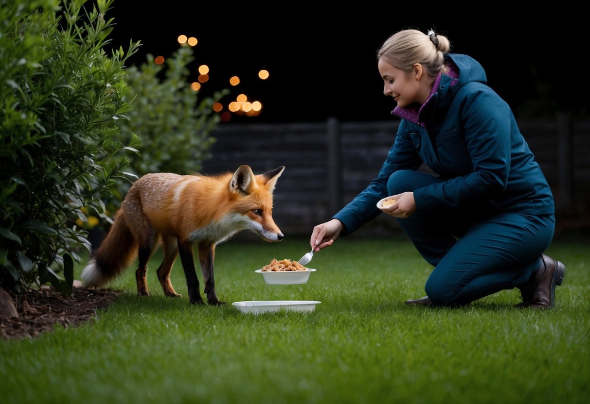 A person placing food for a fox near their garden at night