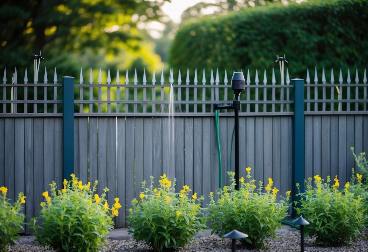A tall fence topped with angled spikes surrounds a garden filled with strong-smelling plants and a motion-activated sprinkler system