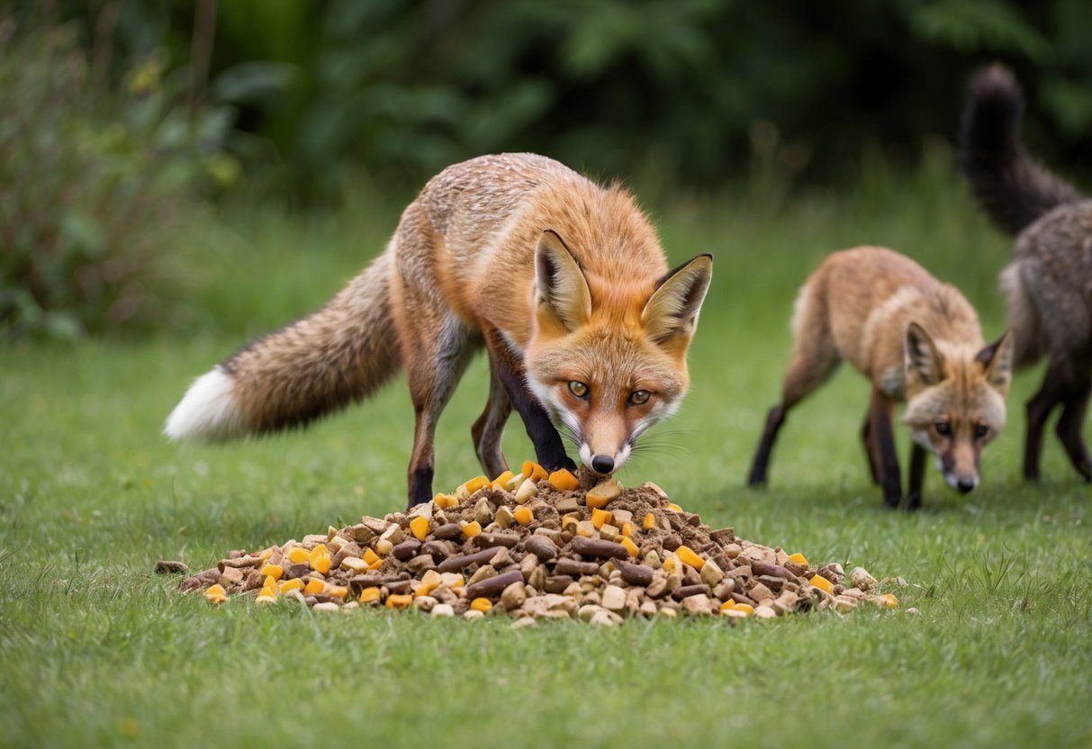 A fox eagerly eating from a scattered pile of food, surrounded by an assortment of wildlife in a lush, natural setting