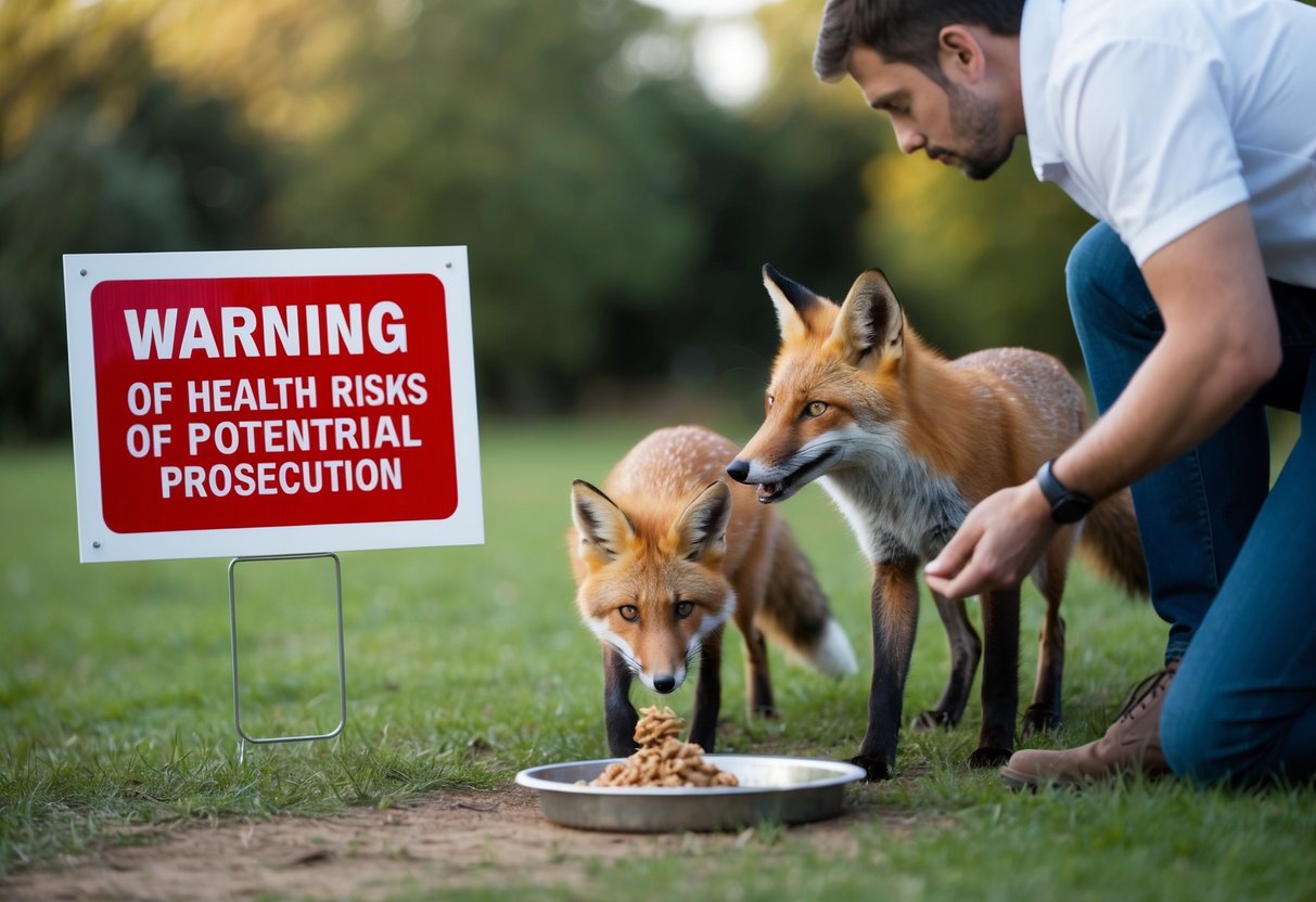 A person placing food outside for foxes, with a sign warning of health risks and potential prosecution