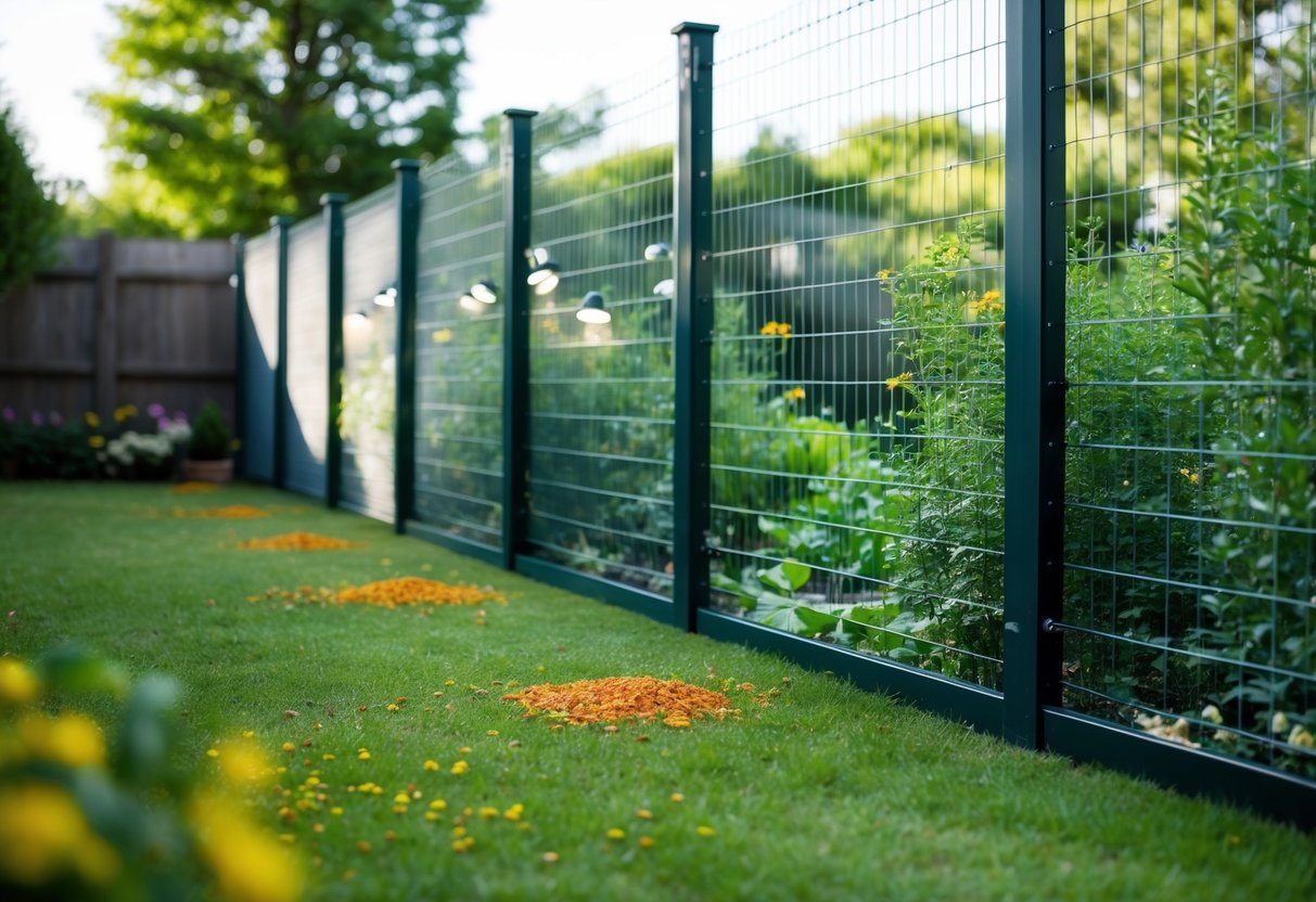 A garden surrounded by a tall fence topped with wire mesh. Motion-activated lights and a scattering of strong-smelling deterrents like vinegar and chili powder