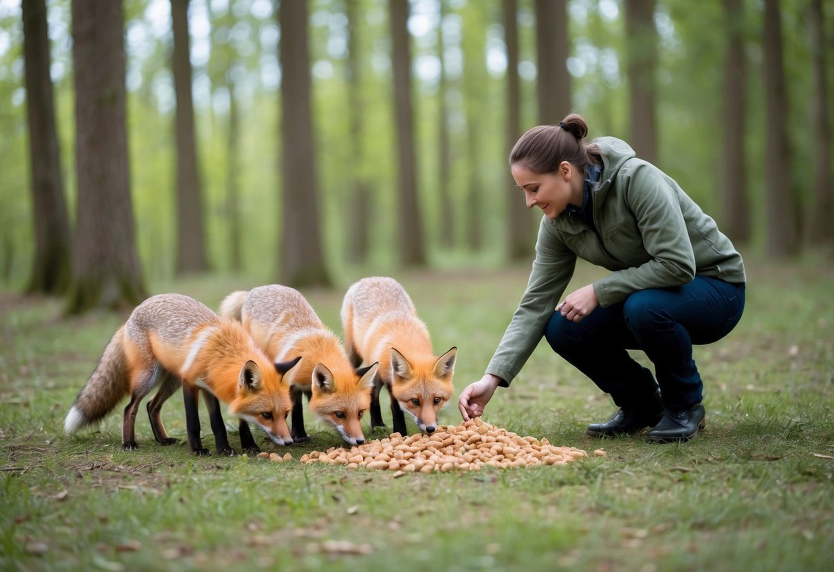 A person scattering food for foxes in a peaceful forest clearing, with the foxes approaching cautiously to eat