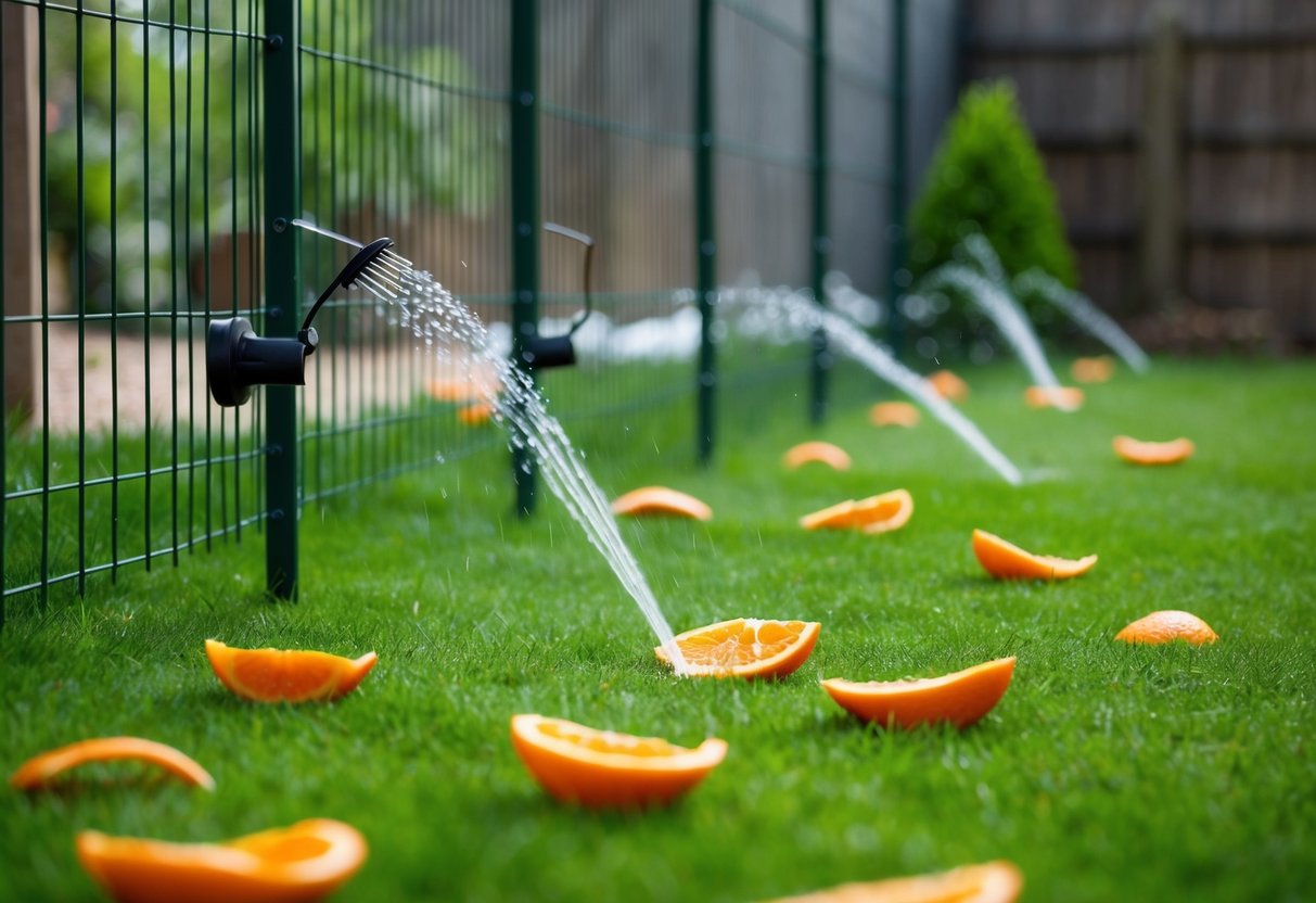 A garden with tall fencing, motion-activated sprinklers, and scattered orange peels to deter foxes