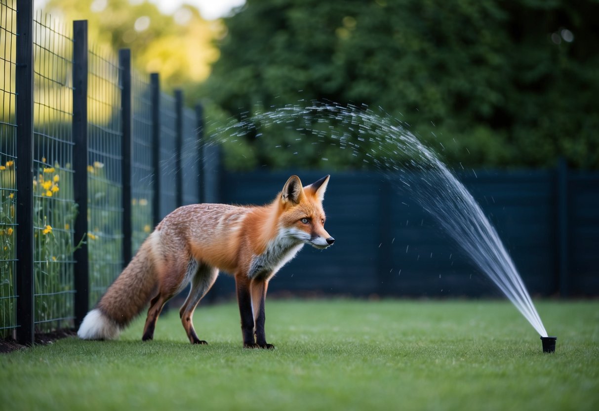 A fox approaching a garden with a tall fence topped with spikes and a motion-activated sprinkler system