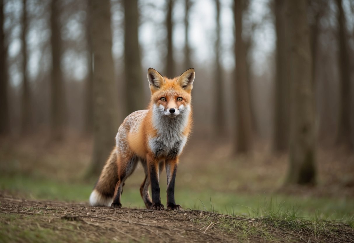 A fox stands at the edge of a forest, looking back with curiosity and uncertainty