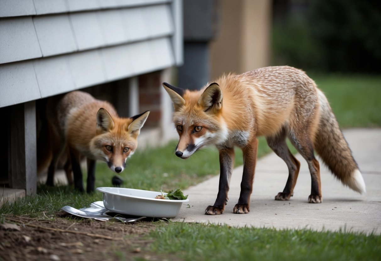 A fox cautiously approaches a human dwelling, eyeing a discarded meal. Nearby, another fox watches from the shadows, waiting to see if it's safe to join
