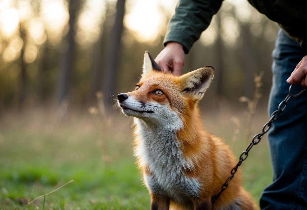 A fox caught in a trap, looking up hopefully as a person approaches