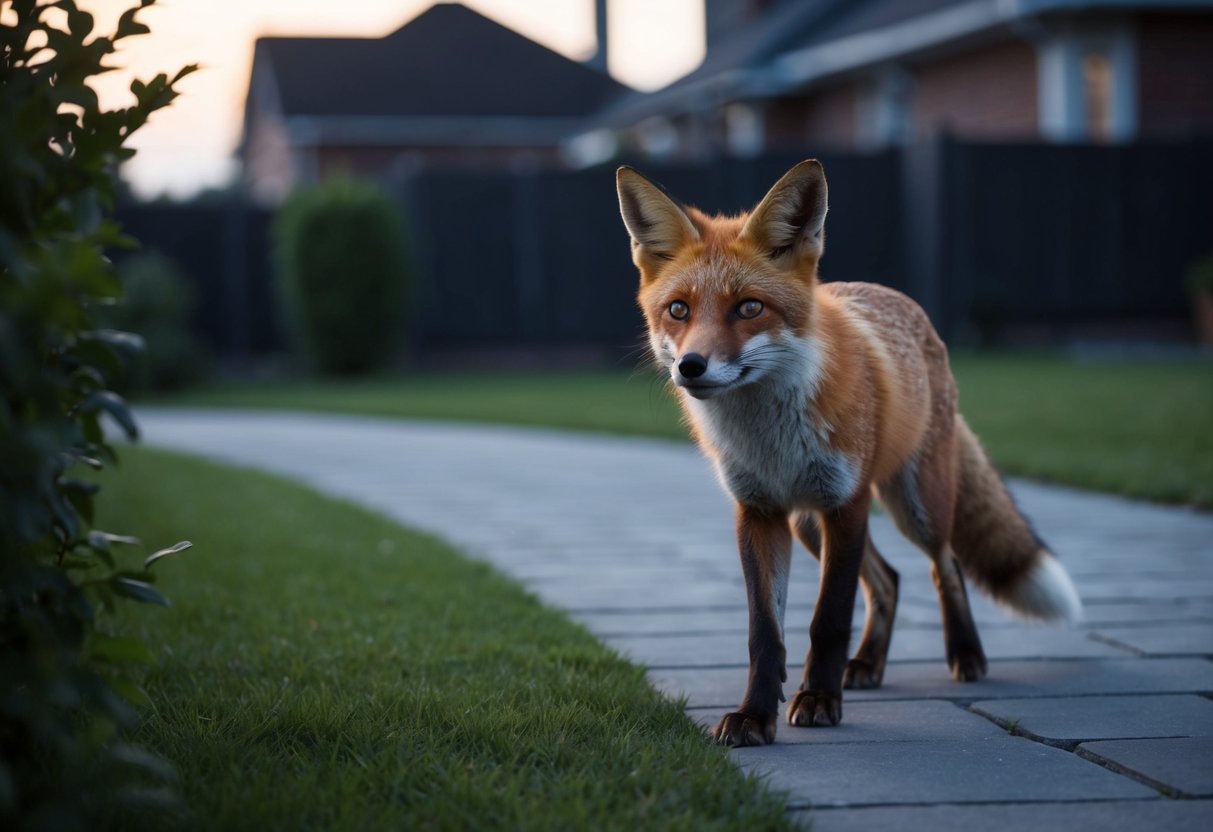 A fox cautiously approaches a suburban garden at dusk, its ears perked and eyes alert for any signs of danger