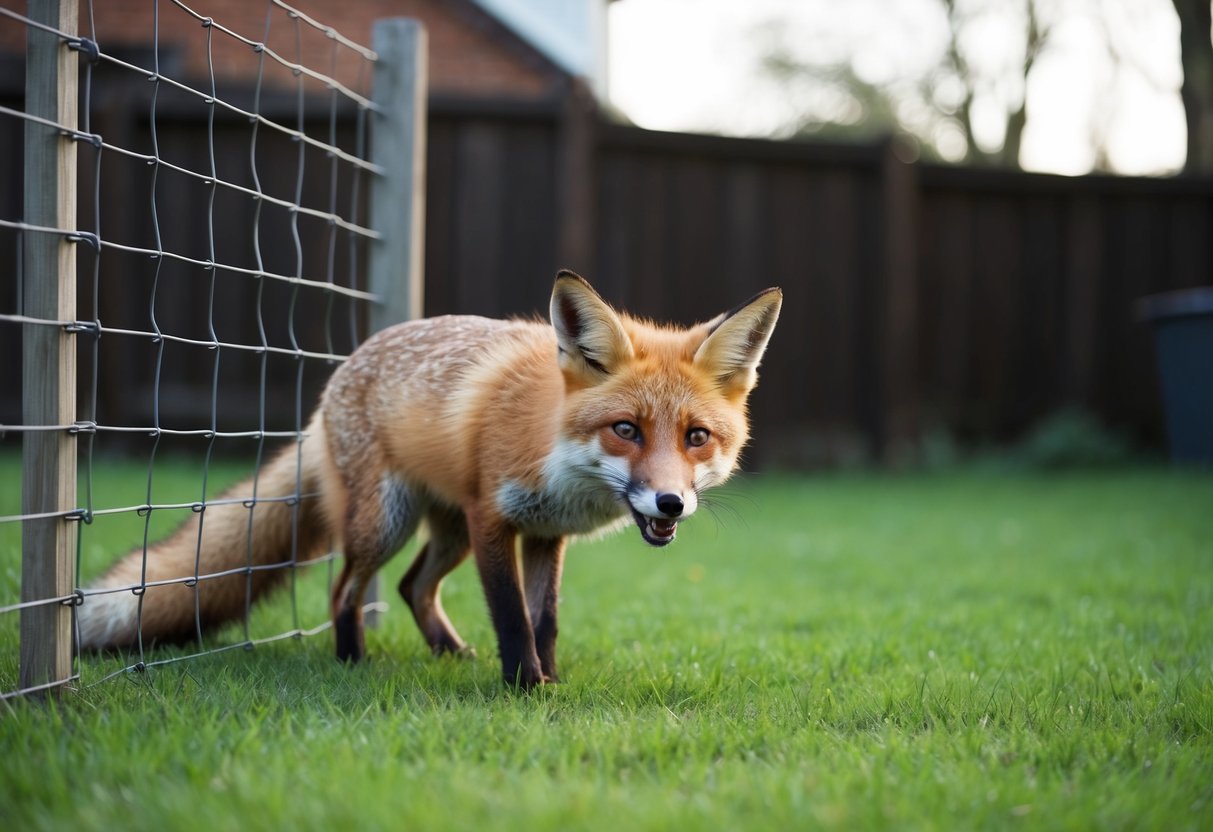 A fox trapped in a fenced backyard, looking distressed