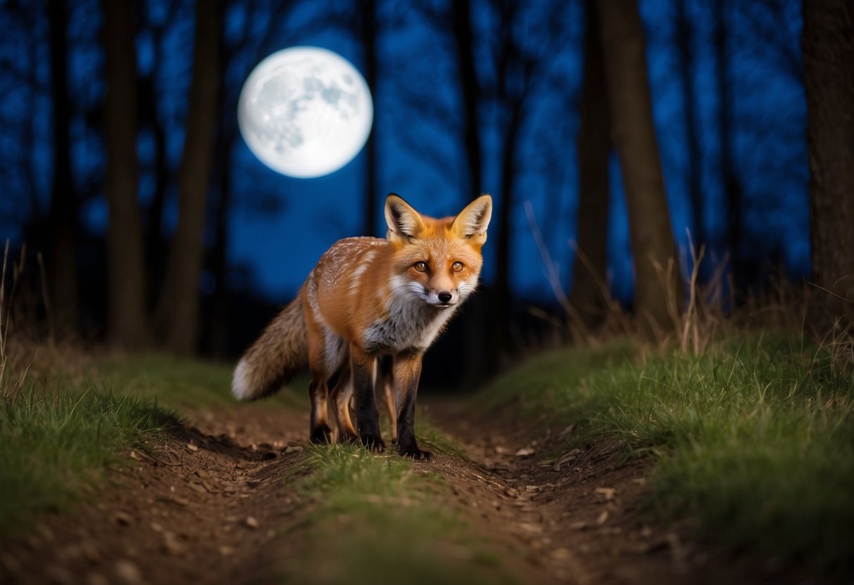 A fox follows a familiar path through the moonlit forest at night