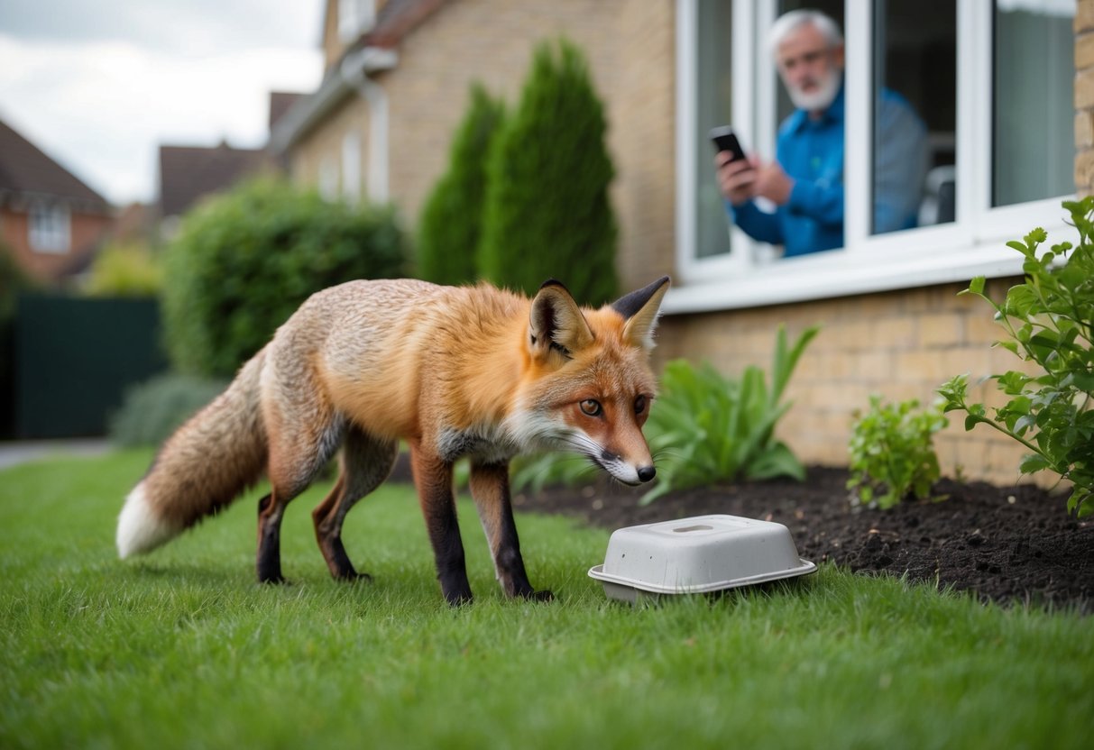 A fox cautiously approaches a suburban garden, eyeing a discarded food container. A concerned neighbor watches from a window, phone in hand