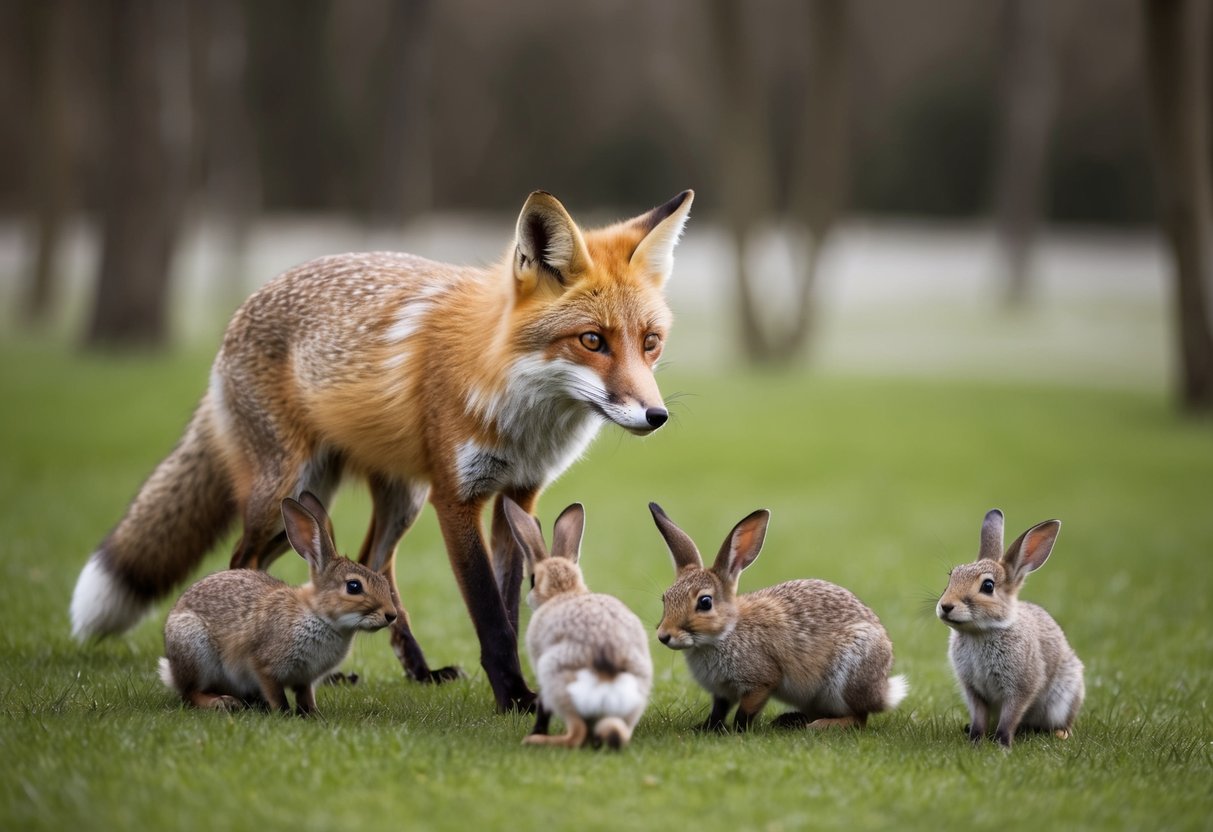 A fox slyly outsmarts a group of curious rabbits